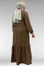 42027 Büyük Beden Eteği Büzgülü Keten Elbise - Kahve - Large Moda - Görsel 5