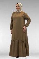42027 Büyük Beden Eteği Büzgülü Keten Elbise - Kahve - Large Moda - Görsel 4