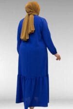 42027 Büyük Beden Eteği Büzgülü  Keten Elbise - Saks - Large Moda - Görsel 5