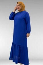 42027 Büyük Beden Eteği Büzgülü  Keten Elbise - Saks - Large Moda - Görsel 4