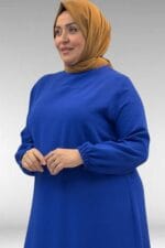 42027 Büyük Beden Eteği Büzgülü  Keten Elbise - Saks - Large Moda - Görsel 2