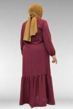 42027 Büyük Beden Eteği Büzgülü  Keten Elbise - Bordo - Large Moda - Görsel 5