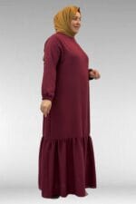 42027 Büyük Beden Eteği Büzgülü  Keten Elbise - Bordo - Large Moda - Görsel 4
