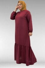 42027 Büyük Beden Eteği Büzgülü  Keten Elbise - Bordo - Large Moda - Görsel 2