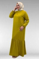 42027 Büyük Beden Eteği Büzgülü  Keten Elbise - Yağ Yeşili - Large Moda - Görsel 2