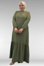 42027 Büyük Beden Eteği Büzgülü  Keten Elbise - Haki - Large Moda - Görsel 2