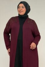 Büyük Beden Omzu Taş Detaylı Penye Ceket - Bordo - 53069 - Görsel 4