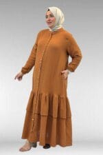 66002 Büyük Beden Eteği Fırfırlı Kolları Lastikli Müslin Ferace - Tarçın - Large Moda - Görsel 2