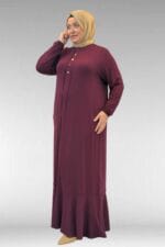 Büyük Beden Önü Çıma Detaylı Penye Elbise - Bordo - 62006 - Görsel 3