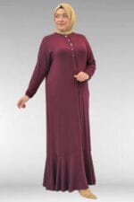 Büyük Beden Önü Çıma Detaylı Penye Elbise - Bordo - 62006 - Görsel 4