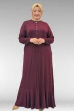Büyük Beden Önü Çıma Detaylı Penye Elbise - Bordo - 62006 - Görsel 5