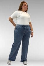 9182-10 Büyük Beden Bolpaça Beli Lastikli Kot Pantolon - Kar Yıkama Lacivert - Large Moda - Görsel 4
