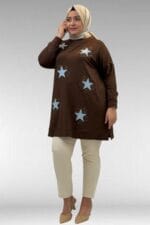 58013 Büyük Beden Önü Yıldız Ve Taş Detaylı Penye Tunik - Kahve - Large Moda - Görsel 4