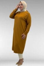 68036 Büyük Beden Önü Parçalı Taş Detaylı Penye Tunik - Hardal - Large Moda - Görsel 3