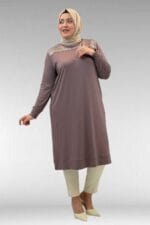 68036 Büyük Beden Önü Parçalı Taş Detaylı Penye Tunik - Vizon - Large Moda - Görsel 3