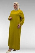 Büyük Beden Kolu Lastikli Elbise - Yağ Yeşili - 62007 - Görsel 4