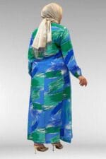 Büyük Beden Kolu Lastikli Elbise - Desenli Mavi - 62007 - Görsel 5
