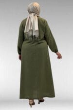 62007 Büyük Beden Kolu Lastikli Elbise - Haki - Large Moda - Görsel 5