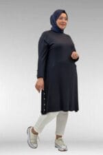 68029 Büyük Beden Yanları Kuşgözü Detaylı Penye Tunik - Koyu Lacivert - Large Moda - Görsel 3