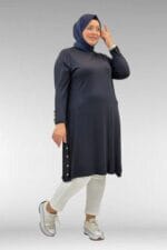 68029 Büyük Beden Yanları Kuşgözü Detaylı Penye Tunik - Koyu Lacivert - Large Moda - Görsel 5