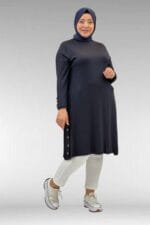 68029 Büyük Beden Yanları Kuşgözü Detaylı Penye Tunik - Koyu Lacivert - Large Moda - Görsel 6