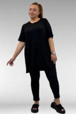 68501 Büyük Beden Yakası Biyeli Önü Taşlı Penye Tişört - Siyah - Large Moda - Görsel 3