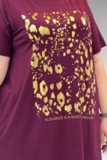68502 Büyük Beden  Yakası Biyeli Önü Baskılı Penye Tişört - Bordo - Large Moda - Görsel 2