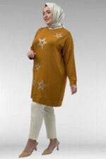 68027 Büyük Beden Yıldız Taş Baskılı Penye Tunik - Hardal - Large Moda - Görsel 4