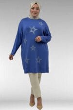 68027 Büyük Beden Yıldız Taş Baskılı Penye Tunik - İndigo - Large Moda - Görsel 4