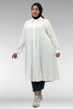 Büyük Beden Mevlana Kesim Müslin Gömlek - Ekru - 58093 - Görsel 11