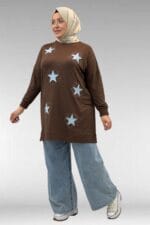 58013 Büyük Beden Önü Yıldız Ve Taş Detaylı Penye Tunik - Kahve - Large Moda - Görsel 9