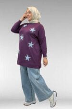 58013 Büyük Beden Önü Yıldız Ve Taş Detaylı Penye Tunik - Mürdüm - Large Moda - Görsel 8