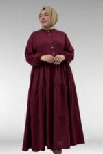 Büyük Beden Yarım Patlı Hakim Yaka Elbise - Bordo - 62008 - Görsel 5