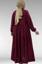 Büyük Beden Yarım Patlı Hakim Yaka Elbise - Bordo - 62008 - Görsel 6