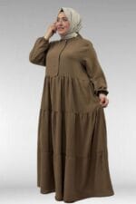 62008 Büyük Beden Yarım Patlı Hakim Yaka Elbise - Vizon - Large Moda - Görsel 4