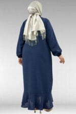 56010 Büyük Beden Volanlı Fırfırlı Keten  Ferace Elbise - Lacivert - Large Moda - Görsel 6