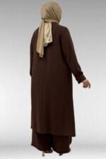 Büyük Beden Pat Üzerinde Çakma Çıtçıtlı Pantolonlu Takım - Kahve - 57023 - Görsel 7