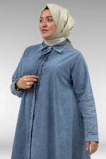 68023 Büyük Beden Mevlana Kesim Tensel Kot Gömlek -  Kar Yıkama Mavi - Large Moda - Görsel 4