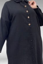 68037 Büyük Beden Aksesuar Detaylı Keten Tunik - Siyah - Large Moda - Görsel 2