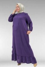 Büyük Beden Ön Patlı Pat Üzeri Perçinli Airobin Elbise - Mürdüm - 62010 - Görsel 4