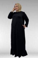 Büyük Beden Ön Patlı Pat Üzeri Perçinli Airobin Elbise - Siyah - 62010 - Görsel 3