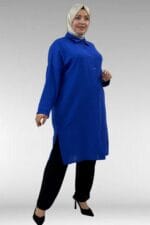 Büyük Beden Boydan Düğmeli Keten Tunik - Saks - 68038 - Görsel 4