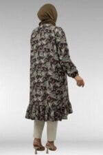 Büyük Beden Eteği Fırfırlı Mango Tunik - Etnik Desen Kahve - 68040 - Görsel 5