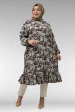 Büyük Beden Eteği Fırfırlı Mango Tunik - Etnik Desen Kahve - 68040 - Görsel 4