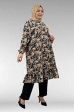 Büyük Beden Eteği Fırfırlı Mango Tunik - Etnik Desen Siyah - 68040 - Görsel 3