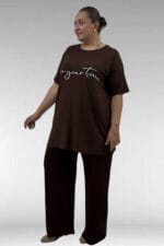 68504 Büyük Beden Kısakol Baskılı Penye Tunik - Kahve - Large Moda - Görsel 3