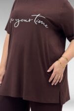 68504 Büyük Beden Kısakol Baskılı Penye Tunik - Kahve - Large Moda - Görsel 2