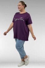68504 Büyük Beden Kısakol Baskılı Penye Tunik - Mürdüm - Large Moda - Görsel 3