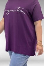 68504 Büyük Beden Kısakol Baskılı Penye Tunik - Mürdüm - Large Moda - Görsel 2