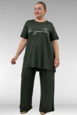 68504 Büyük Beden Kısakol Baskılı Penye Tunik - Haki - Large Moda - Görsel 3